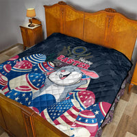 Blue Easter quilt blanket with white bunny, Happy Easter text, and patriotic egg patterns