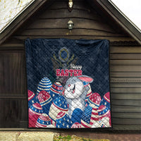 Blue Easter quilt blanket with Happy Easter text, white bunny, and patriotic eggs in border