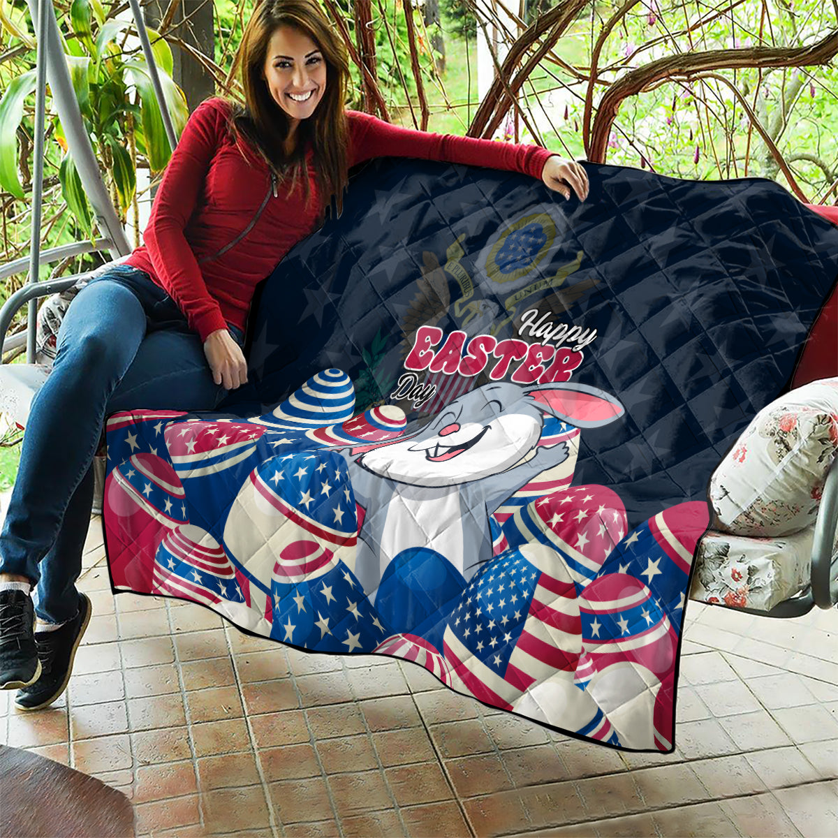 Blue Easter quilt blanket with Happy Easter print, white bunny, and patriotic egg graphics