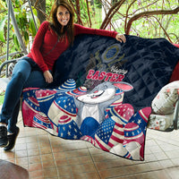 Blue Easter quilt blanket with Happy Easter print, white bunny, and patriotic egg graphics