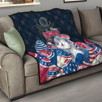 Blue Easter quilt blanket with white bunny, Happy Easter text, and patriotic egg prints