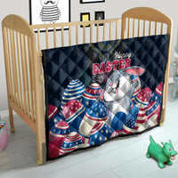 Blue Easter quilt blanket with Happy Easter text, white bunny, and patriotic egg designs