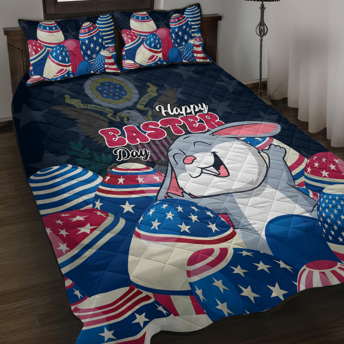 Blue Easter quilt bed set with white bunny and red, white, blue stars