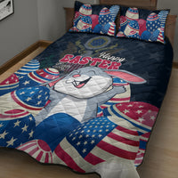 Blue quilt bed set with smiling white bunny, Happy Easter text, and patriotic stars