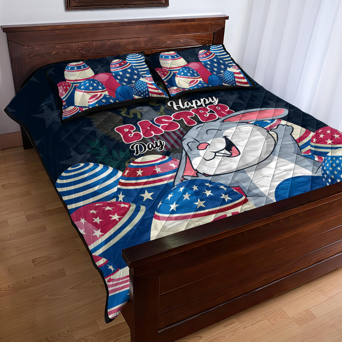 Blue quilt bed set with large Happy Easter bunny, stars, and striped egg pattern pillows