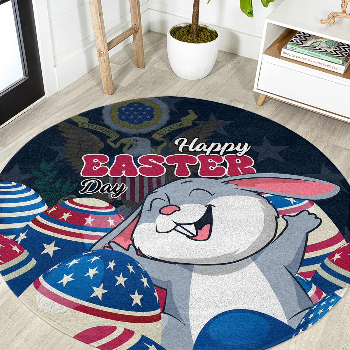Blue round Easter rug with cartoon bunny, “Happy Easter” text, and patriotic egg shapes