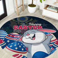 Blue round Easter rug with cartoon bunny, “Happy Easter” text, and patriotic egg shapes