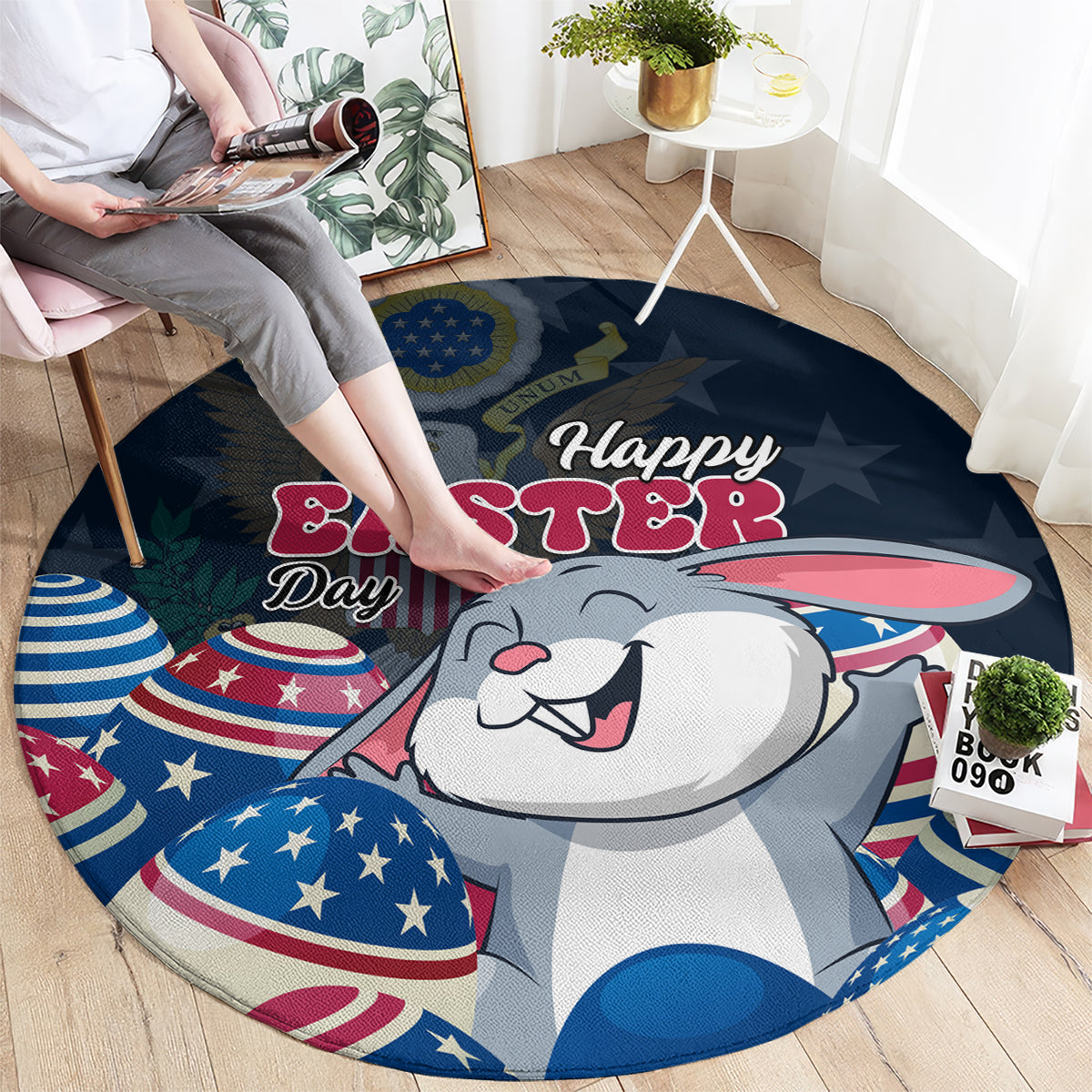 Blue round Easter rug featuring a cartoon bunny, “Happy Easter,” and star-spangled patterns