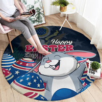 Blue round Easter rug featuring a cartoon bunny, “Happy Easter,” and star-spangled patterns