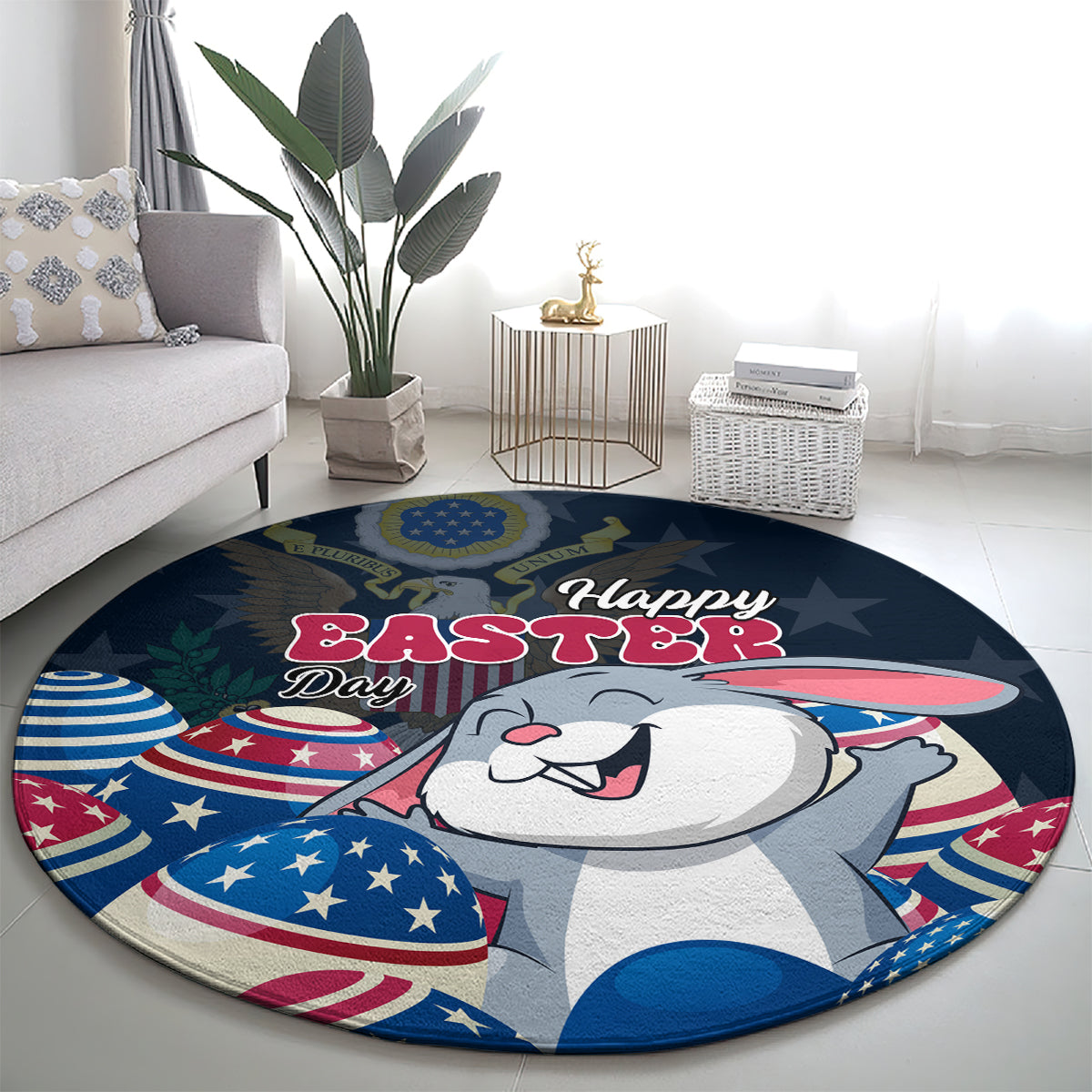 Blue round Easter rug with a smiling cartoon bunny, “Happy Easter,” and patriotic eggs