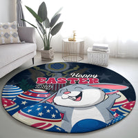 Blue round Easter rug with a smiling cartoon bunny, “Happy Easter,” and patriotic eggs