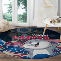 Blue round Easter rug with “Happy Easter” lettering, cartoon bunny, and star-patterned accents