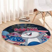 Blue round Easter carpet rug with cartoon bunny, “Happy Easter” text, and patriotic egg designs