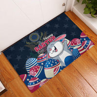 Dark blue rubber doormat with cartoon bunny, Happy Easter Day text, and patriotic egg designs