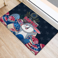 Dark blue rubber doormat with cartoon bunny and patriotic egg shapes with Happy Easter Day text