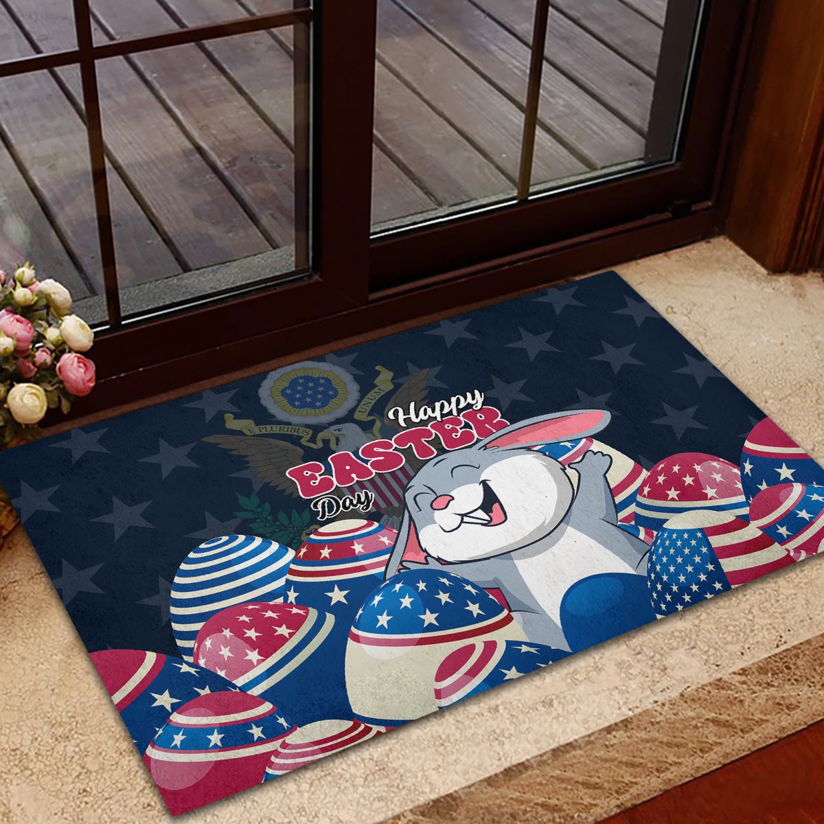 Dark blue rubber doormat featuring cartoon bunny and Happy Easter Day text with patriotic eggs