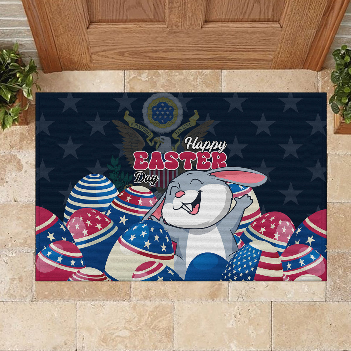 Dark blue rubber doormat with cartoon bunny, Happy Easter text, and flag-themed Easter egg graphics
