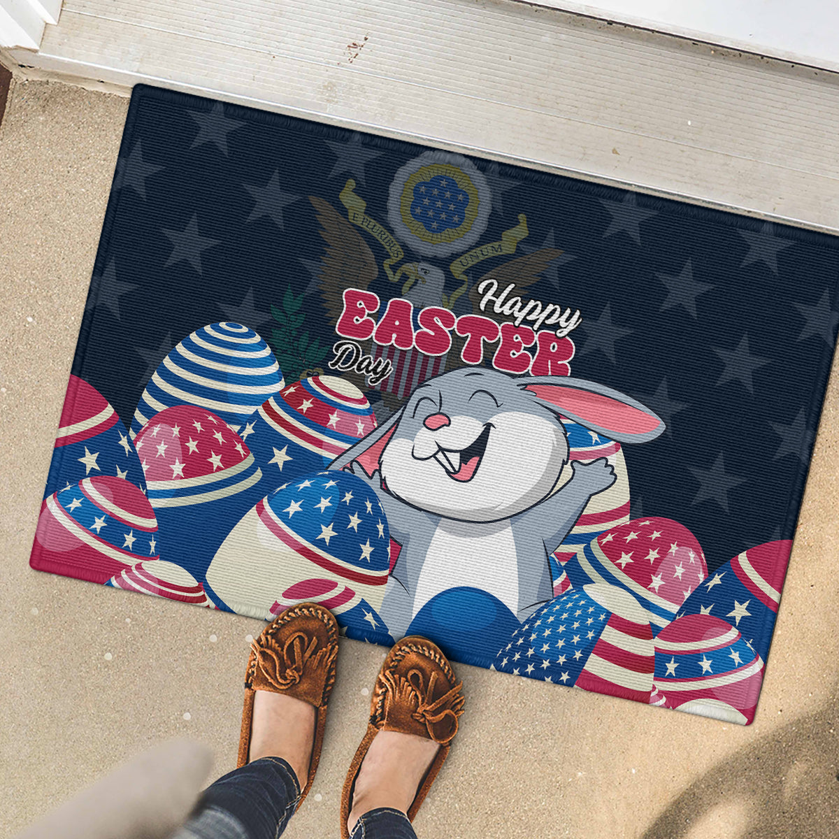 Dark blue rubber doormat with cartoon bunny and Happy Easter Day title with patriotic egg graphics