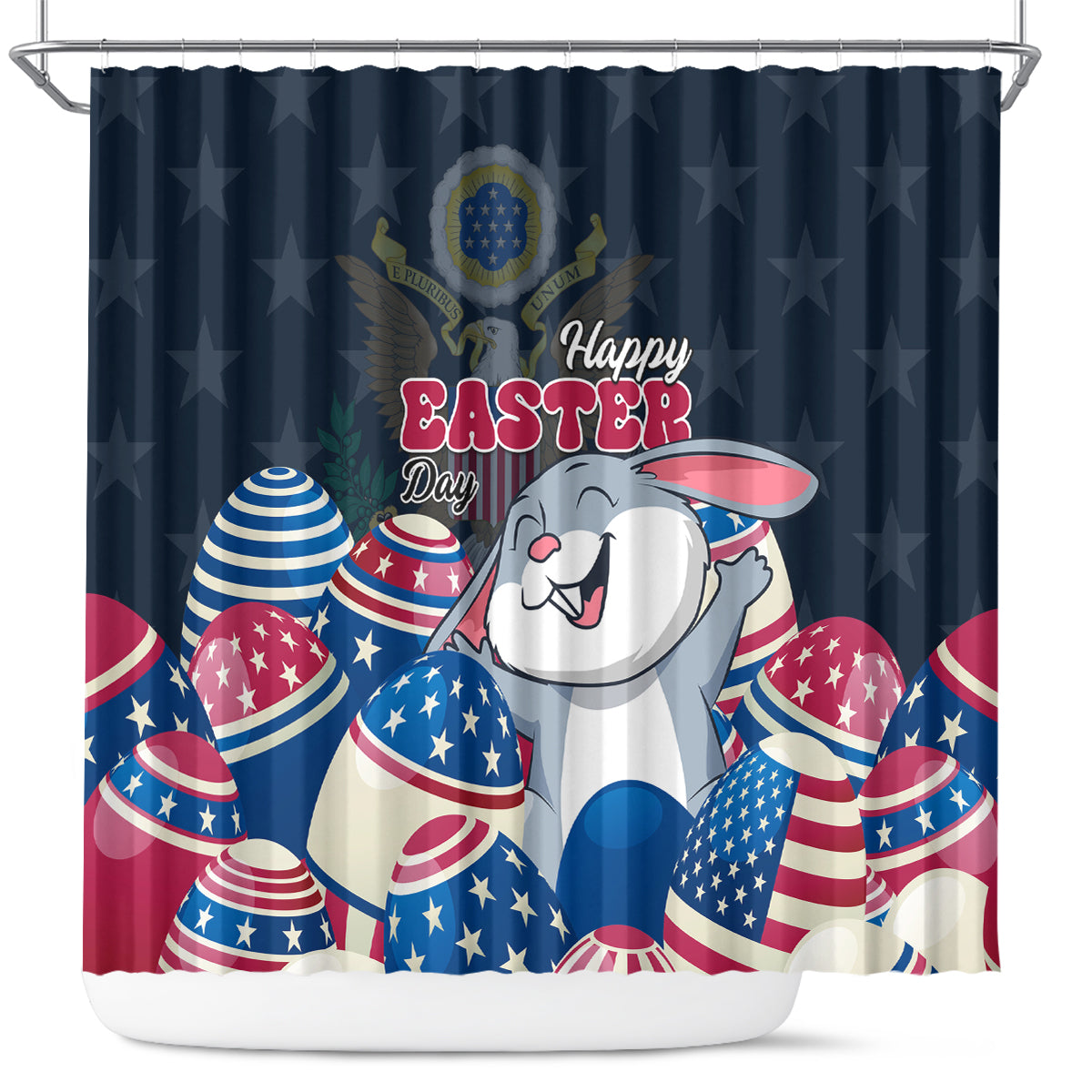 Blue Easter shower curtain with cartoon bunny and patriotic egg design