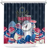 Blue Easter shower curtain with cartoon bunny and patriotic egg design