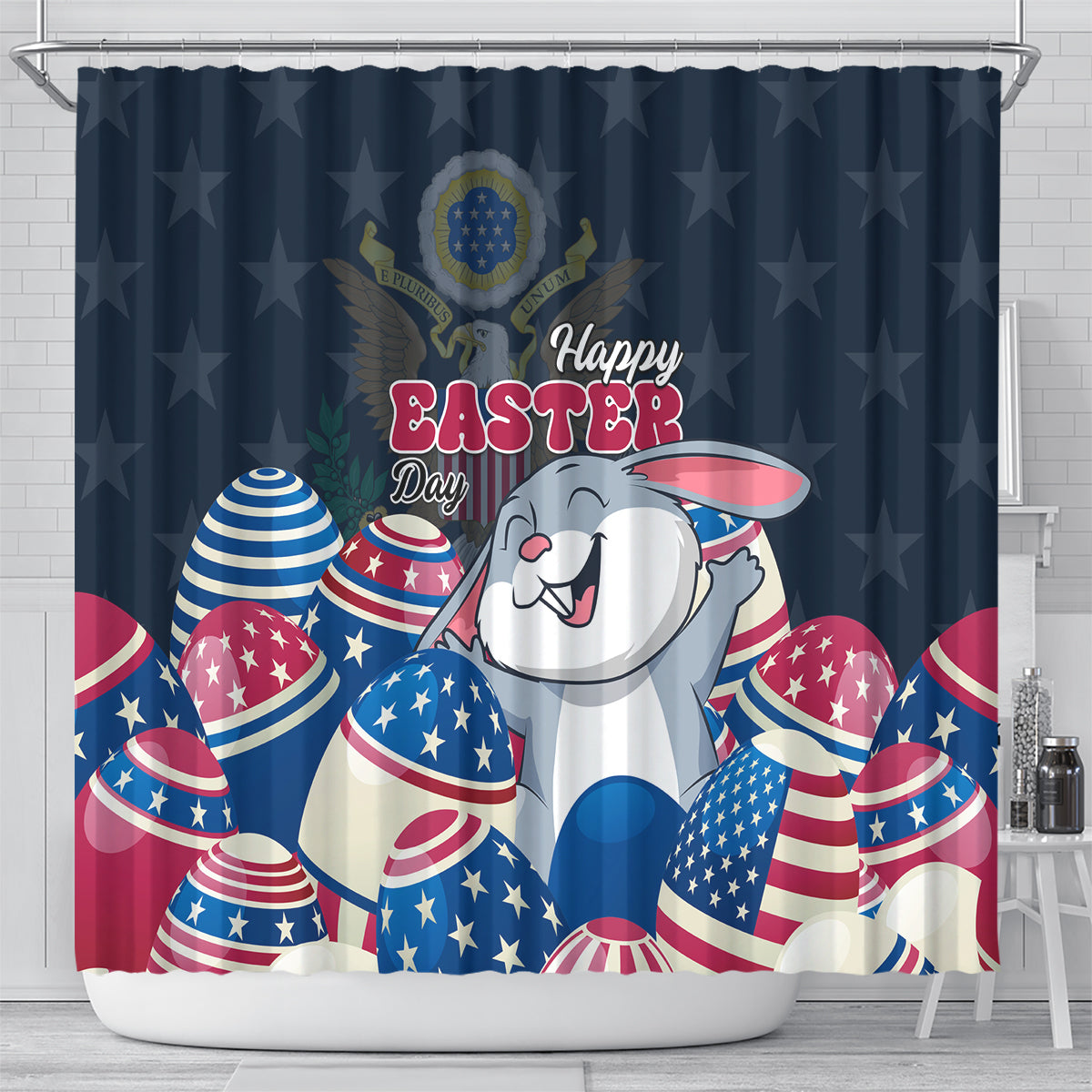 Blue Easter shower curtain featuring a smiling bunny holding patriotic eggs