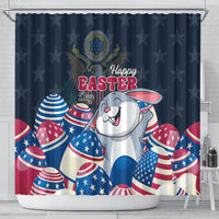 Blue Easter shower curtain featuring a smiling bunny holding patriotic eggs