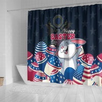 Blue Easter shower curtain spread out, showing bunny and American-style eggs