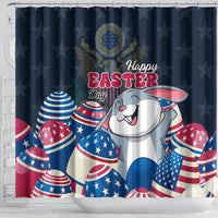 Blue Easter shower curtain with large bunny face and colorful patriotic eggs