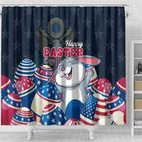 Blue Easter shower curtain on rod, with bunny and red-white-blue egg graphics