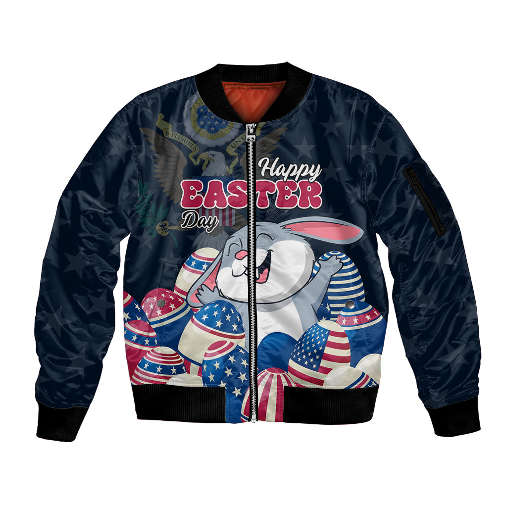 Blue unisex bomber jacket with full-zip front, ribbed cuffs, and Easter bunny graphic