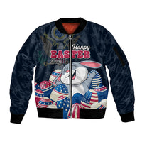 Blue unisex bomber jacket with full-zip front, ribbed cuffs, and Easter bunny graphic