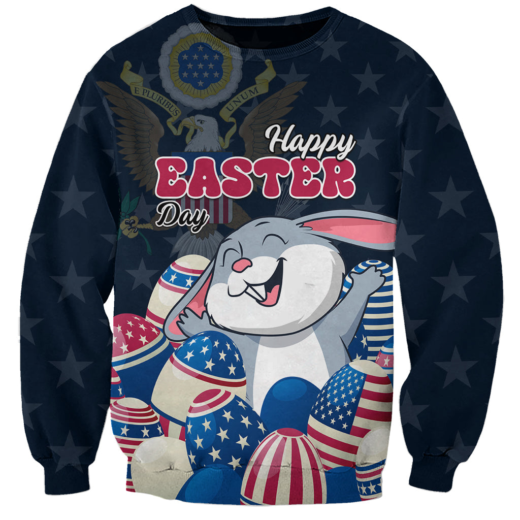Navy unisex sweatshirt with Happy Easter text and white bunny with star-and-egg graphics