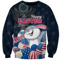 Navy unisex sweatshirt with Happy Easter text and white bunny with star-and-egg graphics