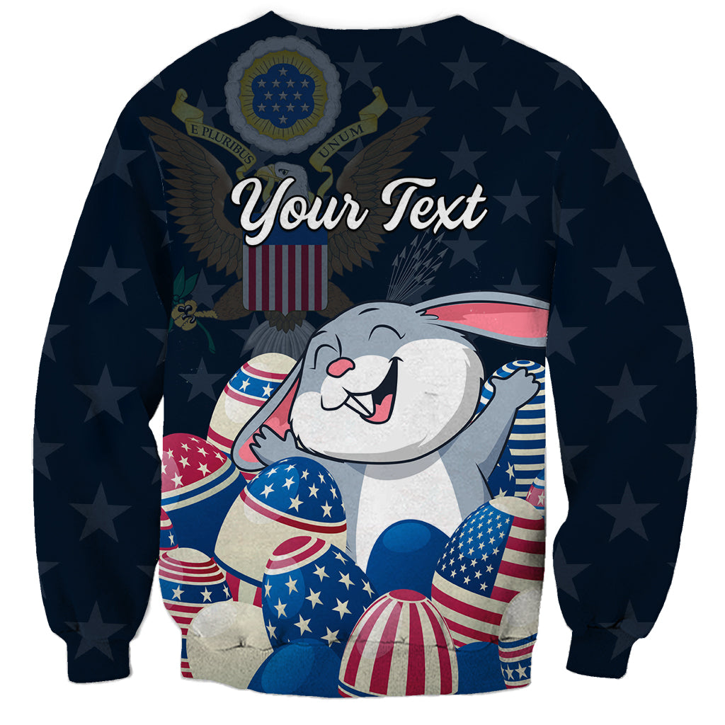 Navy unisex sweatshirt with Your Text header and bunny with patriotic star-and-egg graphics