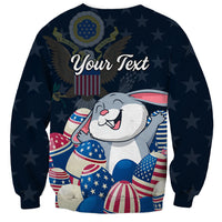 Navy unisex sweatshirt with Your Text header and bunny with patriotic star-and-egg graphics