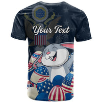 Dark blue Easter T-shirt with bunny graphic and 'Your Text' on back