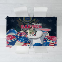 Blue Easter tablecloth with bunny, stars, and “Happy Easter” text
