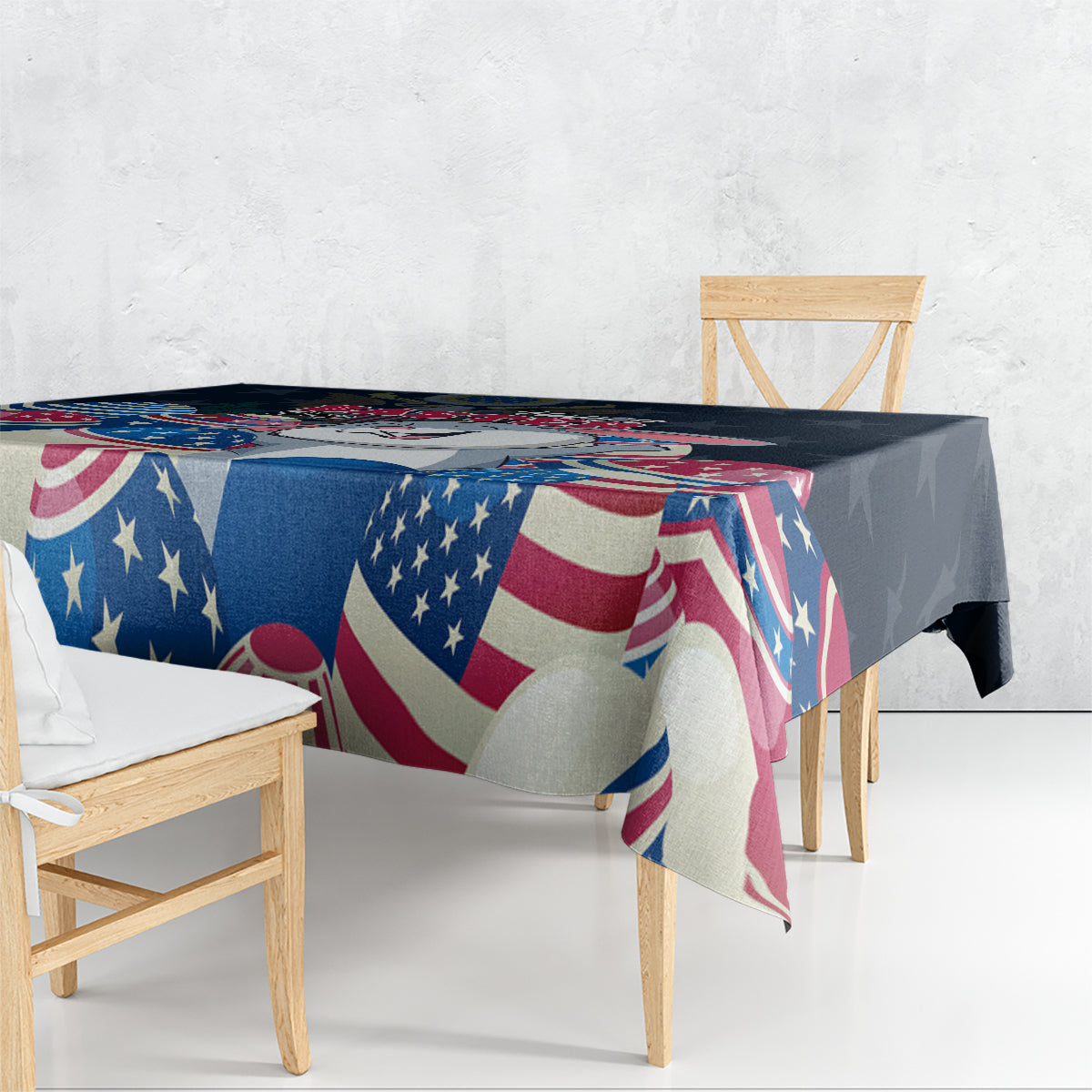 Blue Easter tablecloth draped over table with American flag and star pattern