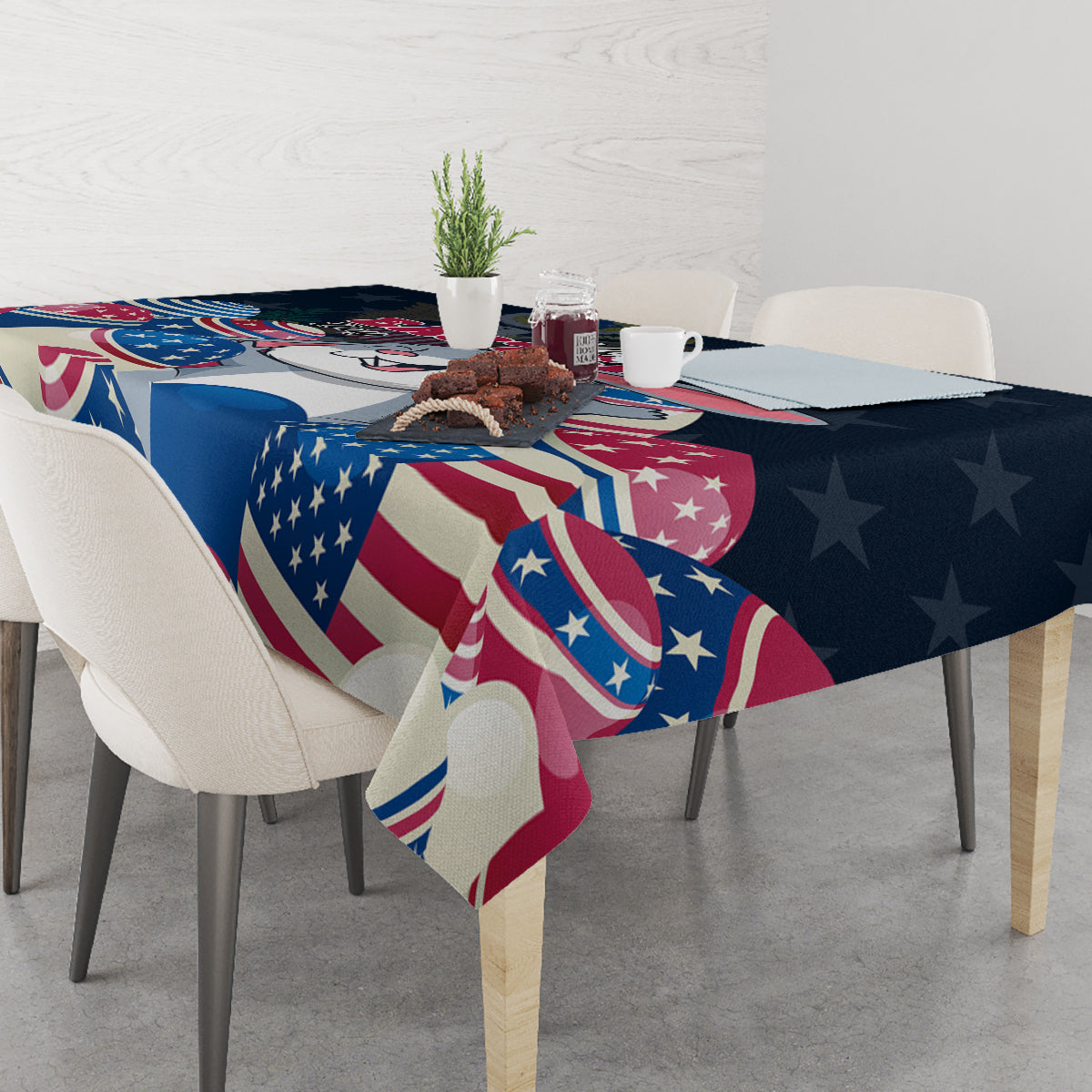 Blue Easter tablecloth on dining table with patriotic flag print and stars