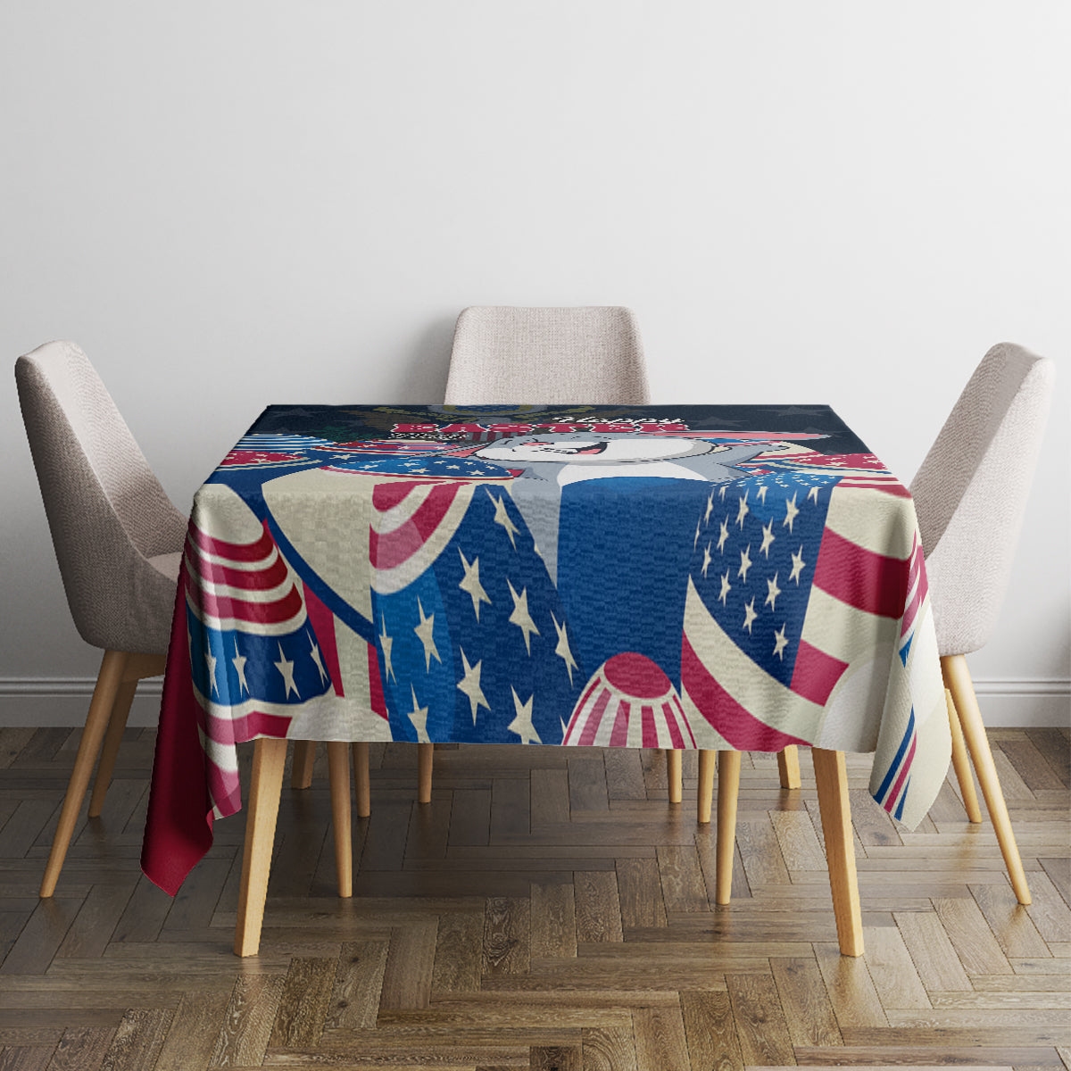 Blue Easter tablecloth covering dining table with American flag star and stripe design
