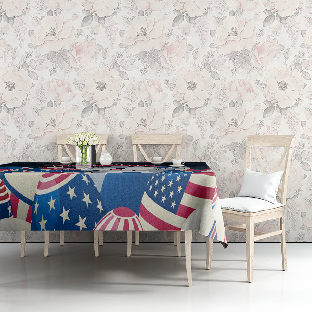 Blue Easter tablecloth with American flag star and stripe pattern