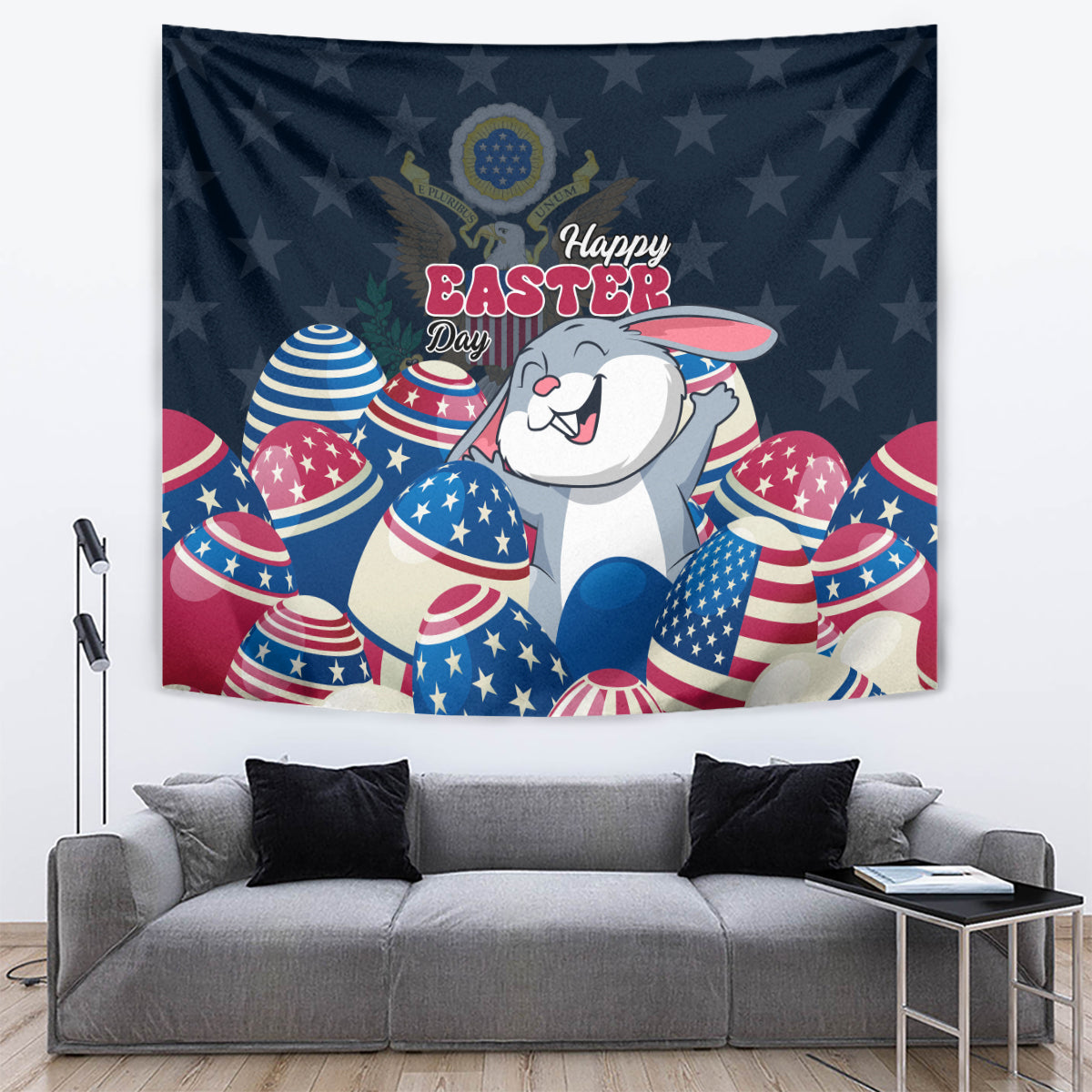 Blue Happy Easter tapestry with a smiling white bunny and USA egg patterns