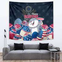 Blue Happy Easter tapestry with a smiling white bunny and USA egg patterns