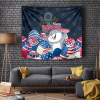 Blue Happy Easter wall tapestry featuring a white bunny and patriotic USA egg designs