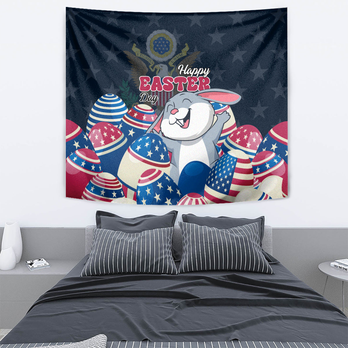 Blue Happy Easter tapestry with white bunny wearing pink ears and patriotic USA eggs