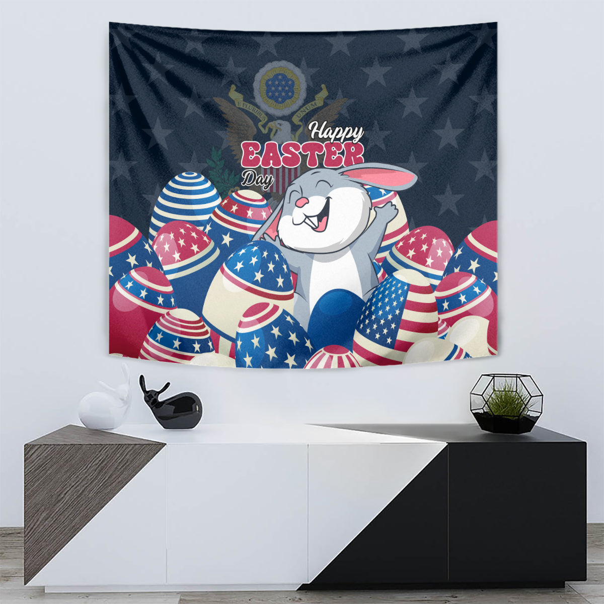 Blue Happy Easter tapestry showing a white bunny face with patriotic USA egg shapes