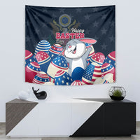 Blue Happy Easter tapestry showing a white bunny face with patriotic USA egg shapes