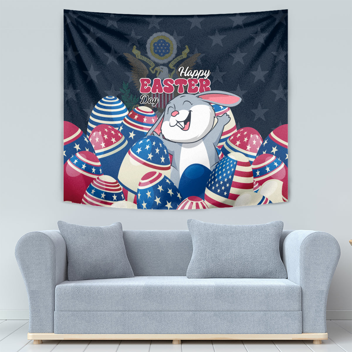 Blue Happy Easter tapestry with a white bunny and red, white, and blue USA eggs
