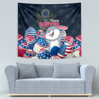 Blue Happy Easter tapestry with a white bunny and red, white, and blue USA eggs