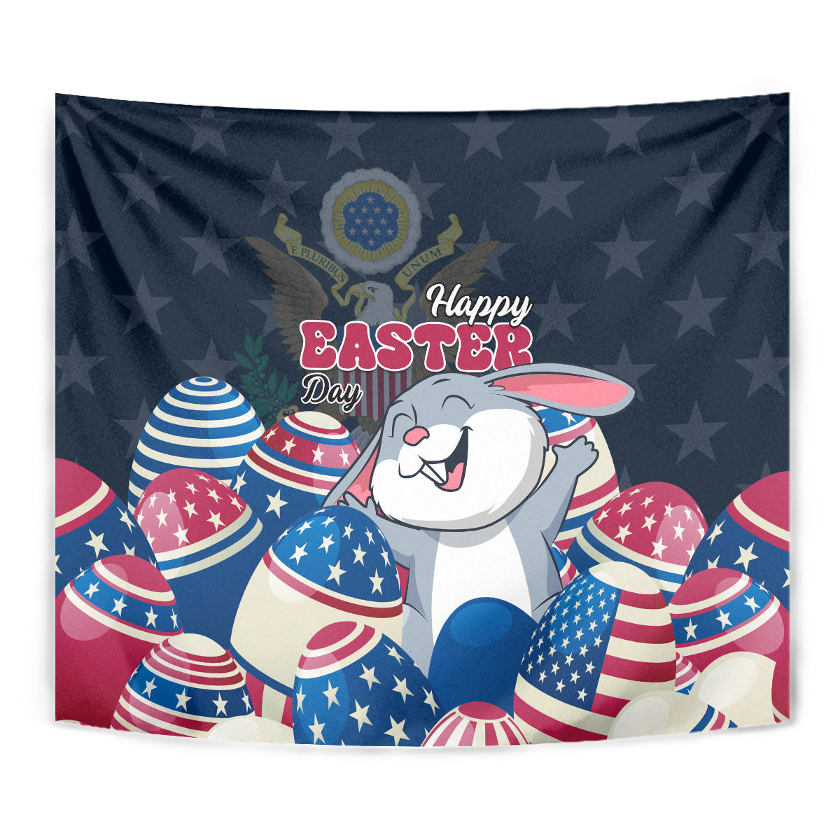 Blue Happy Easter tapestry featuring a smiling white bunny surrounded by USA eggs